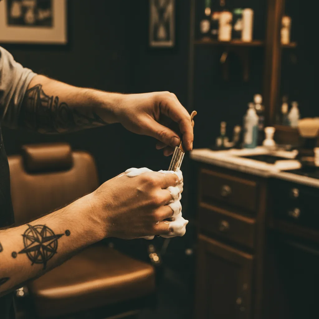Vakkundige barber aan het werk met een scheermes, artisanale kwaliteit