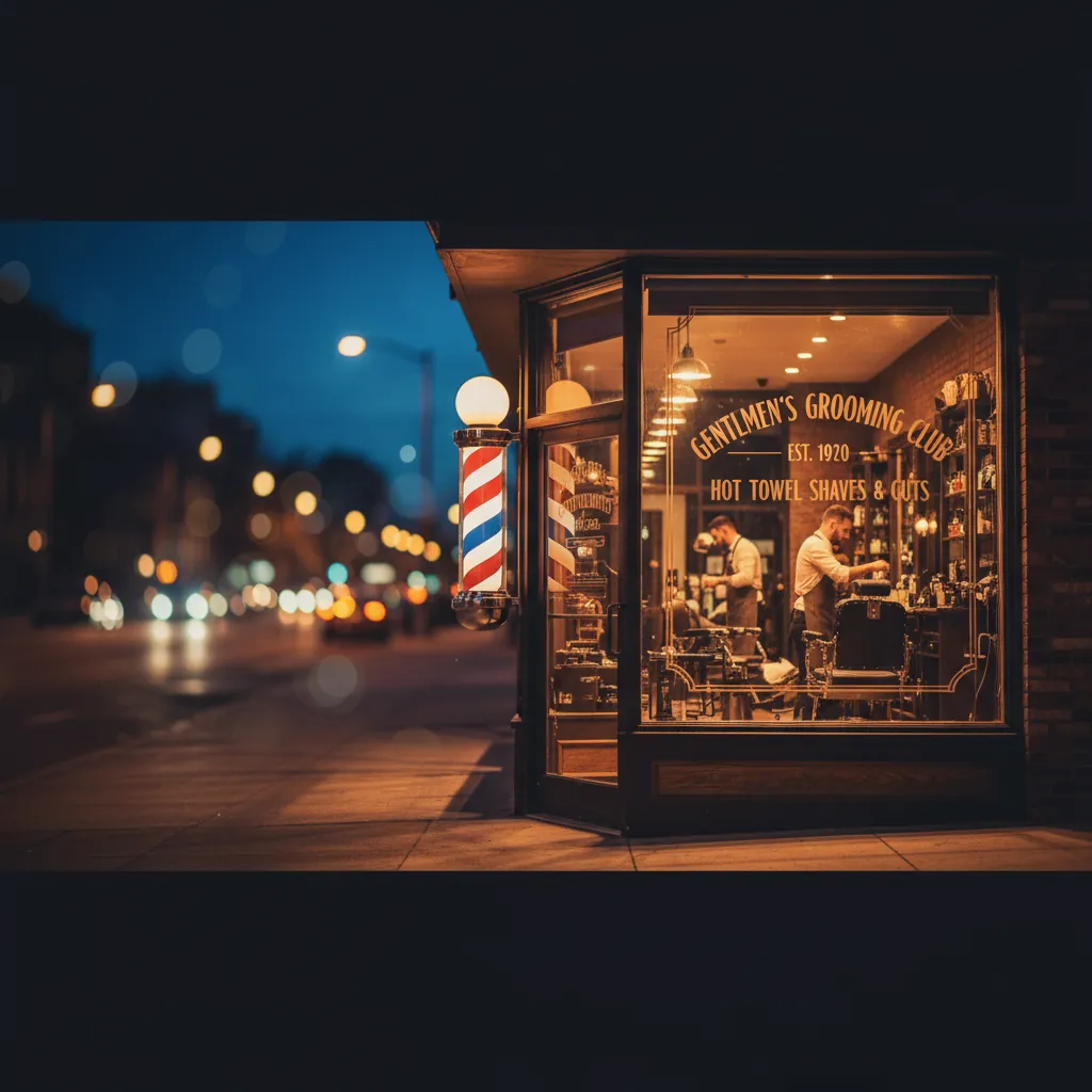 Barbershop Hollywood gevel met klassieke barber pole bij schemering