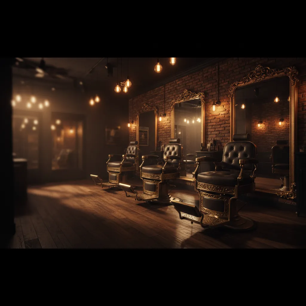 Klassiek interieur van Barbershop Hollywood in Vianen met leren stoelen en warme verlichting