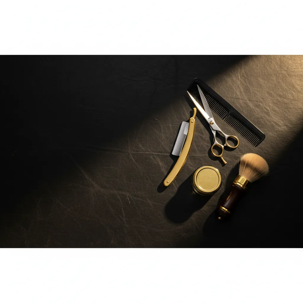 Classic barbershop tools — scheermes, schaar en kam op donker leer